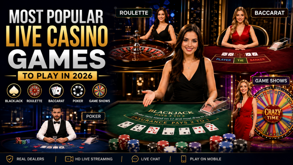 Players enjoying live blackjack, roulette, baccarat, and casino game shows in a modern online live casino setup.