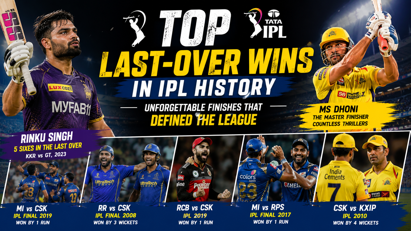 IPL last over thrilling finishes featuring iconic cricket moments and dramatic match-winning boundaries in IPL history