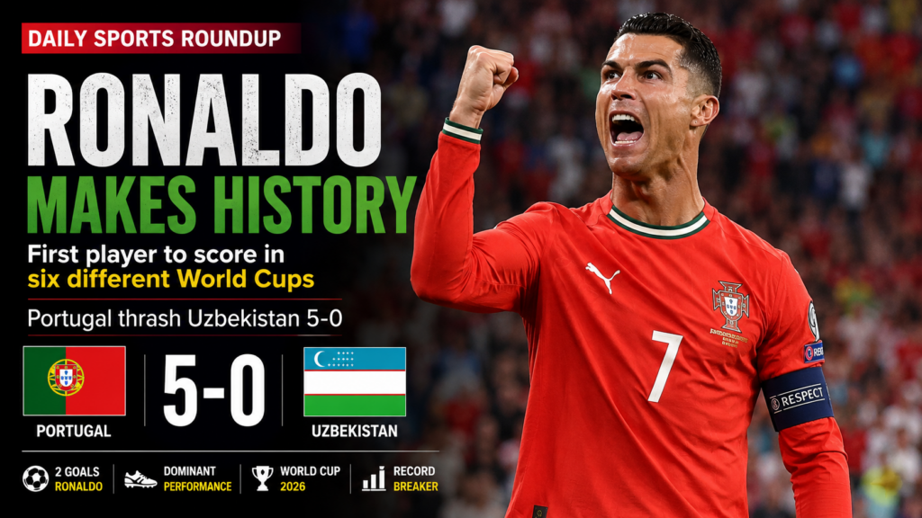 Cristiano Ronaldo celebrates after scoring during Portugal's 5-0 FIFA World Cup 2026 victory over Uzbekistan.
