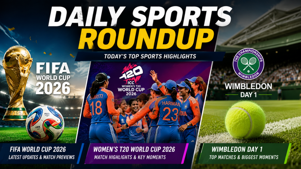Daily Sports Roundup featuring FIFA World Cup 2026, Women's T20 World Cup 2026, and Wimbledon Day 1 highlights