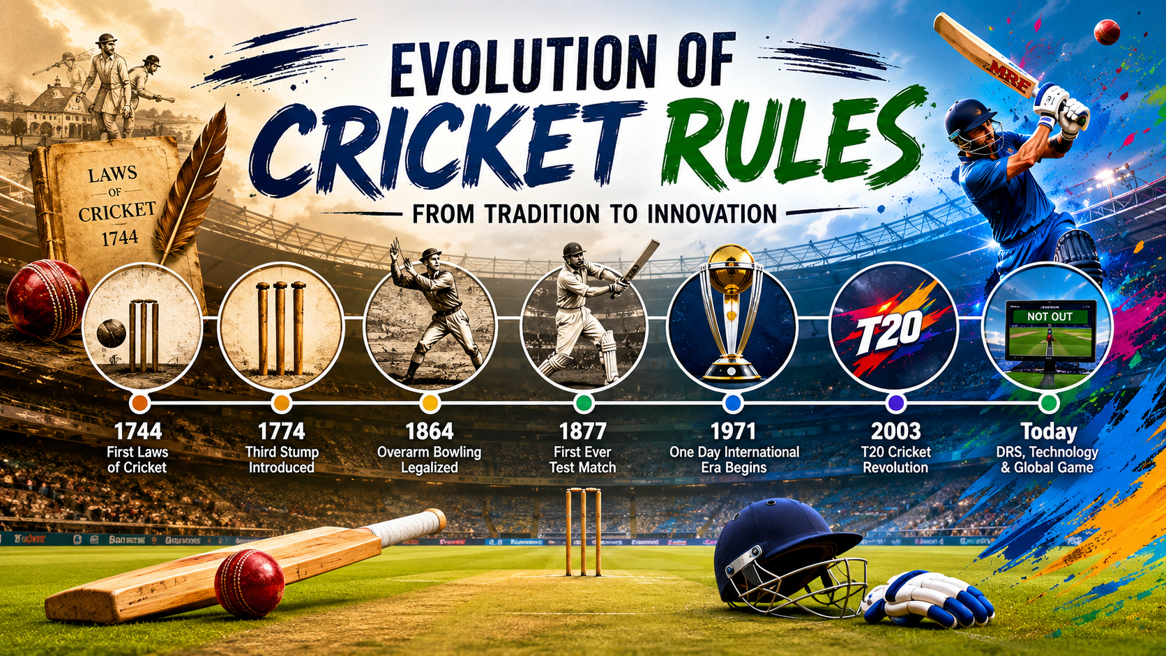 Evolution of cricket rules from early Test matches to modern T20 cricket and DRS technology advancements