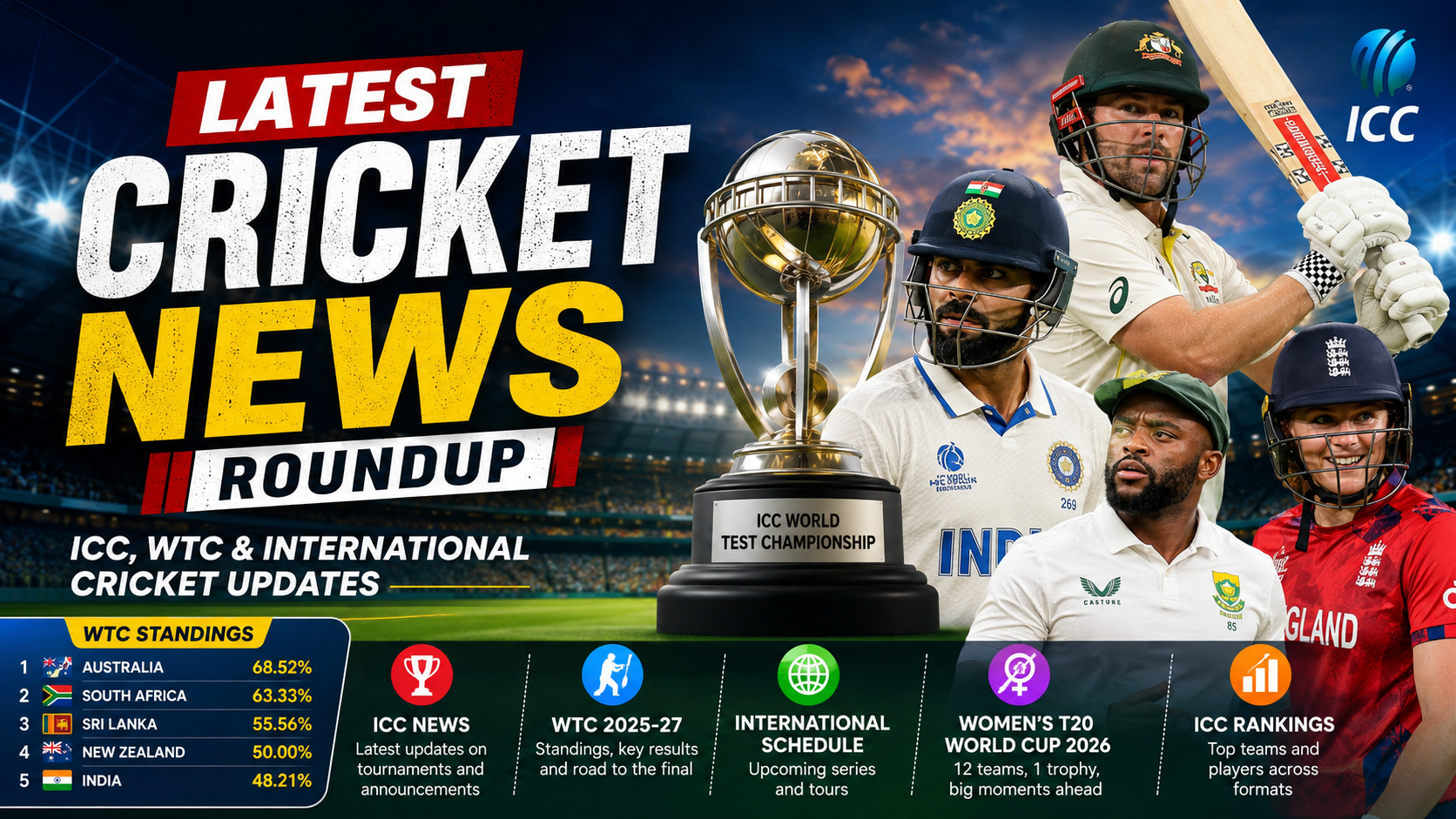 Latest international cricket news featuring ICC updates, World Test Championship standings, team rankings, and global cricket highlights in 2026.