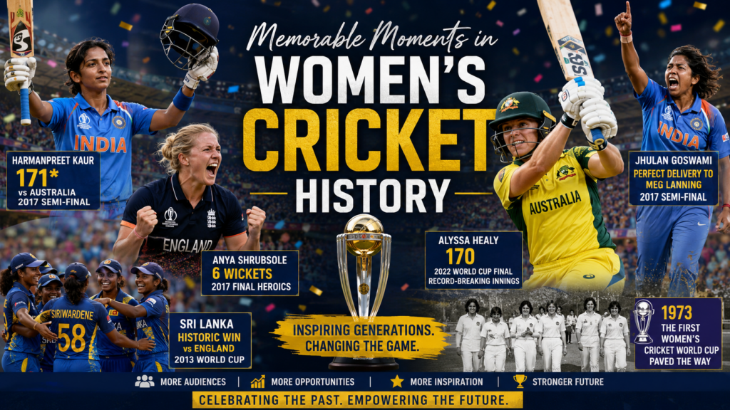 Women cricketers celebrating historic World Cup moments and record-breaking achievements in international cricket.
