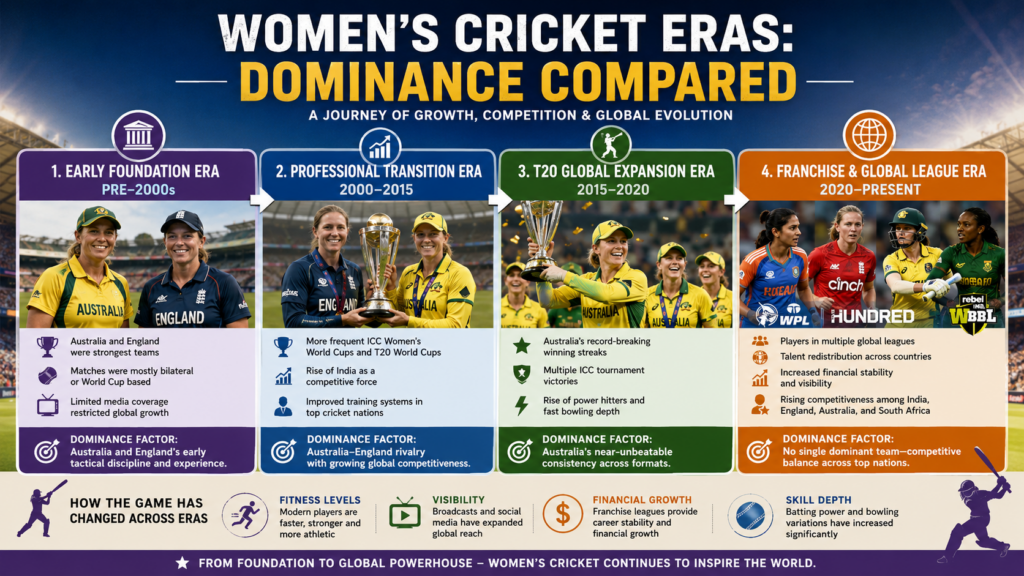 Timeline showing most dominant women’s cricket eras from early foundation to modern franchise league era with global teams and players