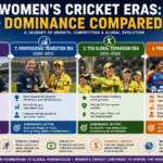 Timeline showing most dominant women’s cricket eras from early foundation to modern franchise league era with global teams and players