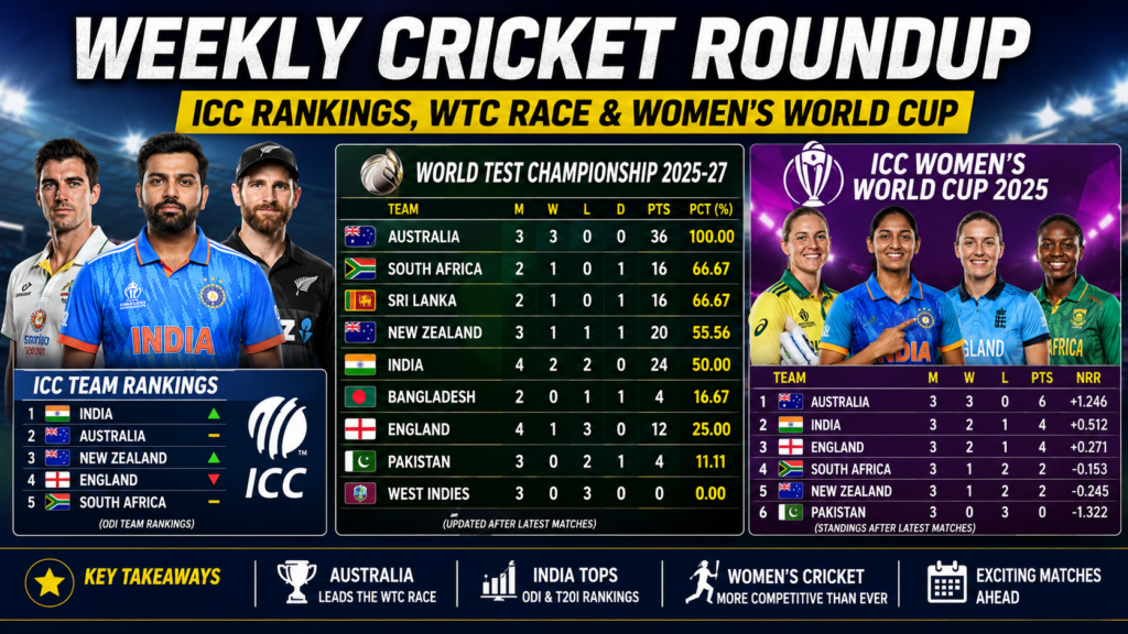 ICC rankings, World Test Championship standings and Women's World Cup teams featured in a weekly cricket roundup graphic.