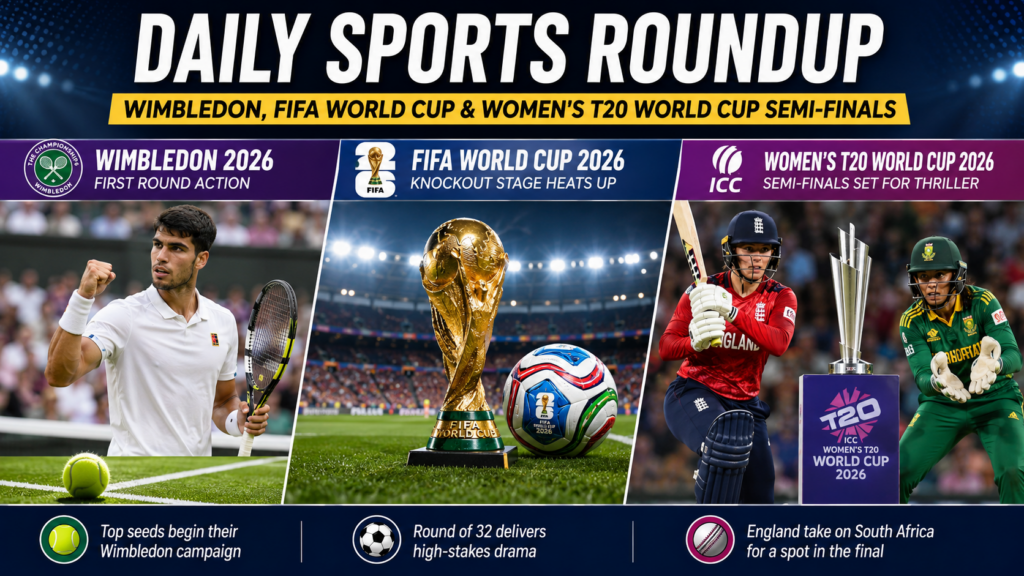 Players compete at Wimbledon while FIFA World Cup and Women's T20 World Cup semi-final action dominates the global sports headlines.
