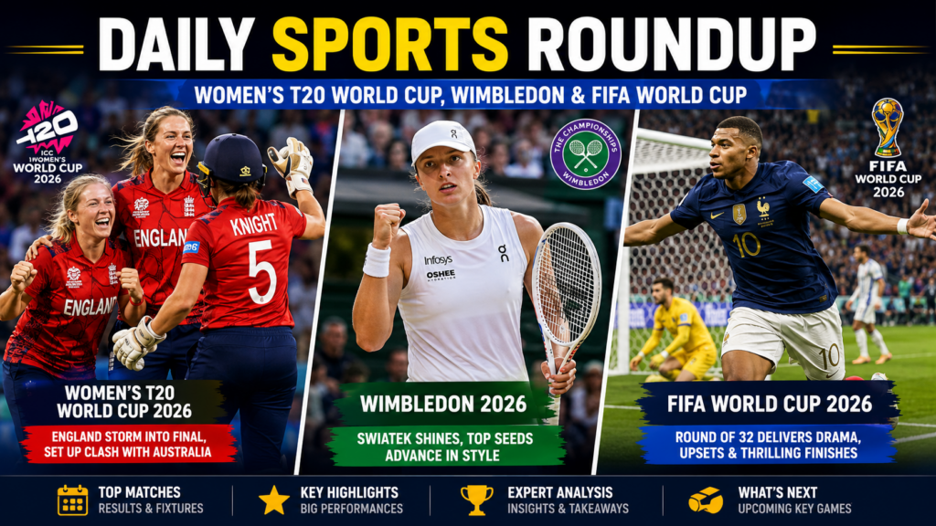 Collage of Women’s T20 World Cup cricket final, Wimbledon tennis action, and FIFA World Cup 2026 football knockout match highlights.