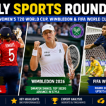Collage of Women’s T20 World Cup cricket final, Wimbledon tennis action, and FIFA World Cup 2026 football knockout match highlights.