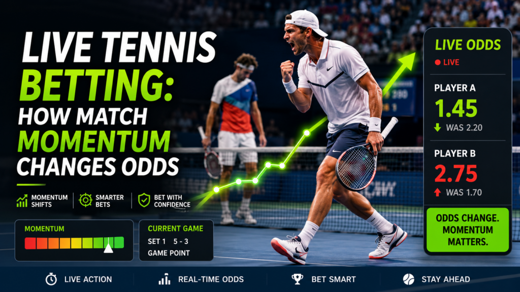 Live tennis betting odds changing during a match as player momentum shifts in an in-play tennis game