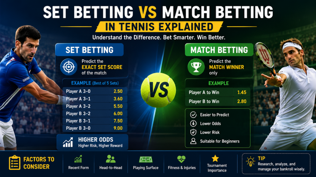 Set betting vs match betting in tennis comparison showing betting markets, match outcomes, and betting strategy illustration.