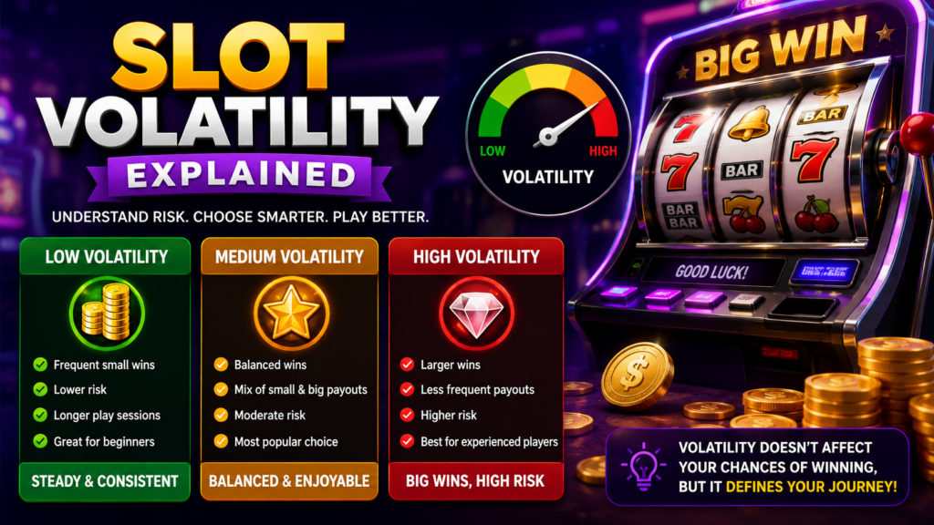 A modern online slot machine displaying colorful reels, jackpot symbols, coins, and payout icons, illustrating the concept of slot volatility with low, medium, and high variance gameplay in an online casino environment.