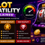 A modern online slot machine displaying colorful reels, jackpot symbols, coins, and payout icons, illustrating the concept of slot volatility with low, medium, and high variance gameplay in an online casino environment.