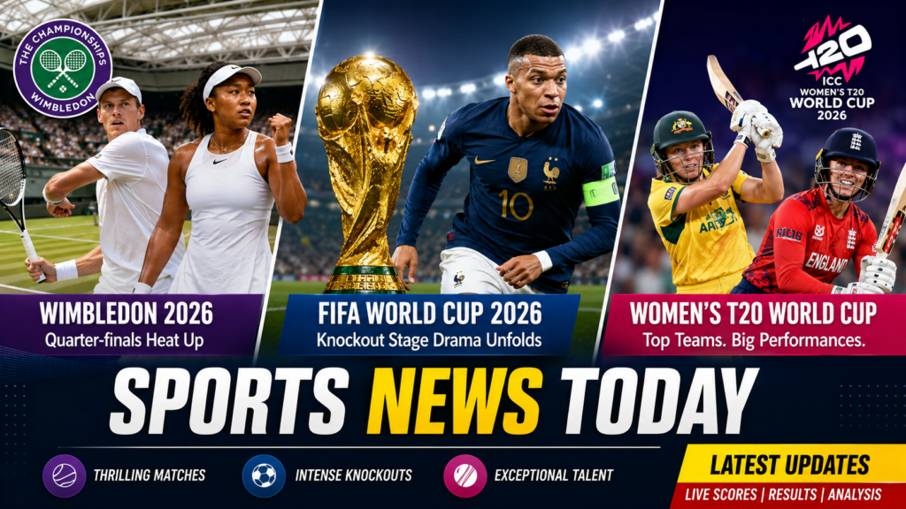 Sports News Today featuring Wimbledon tennis, FIFA World Cup knockout football, and ICC Women's T20 World Cup cricket highlights.