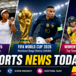 Sports News Today featuring Wimbledon tennis, FIFA World Cup knockout football, and ICC Women's T20 World Cup cricket highlights.