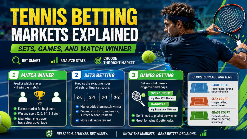 Tennis betting markets explained with sets, games and match winner betting options