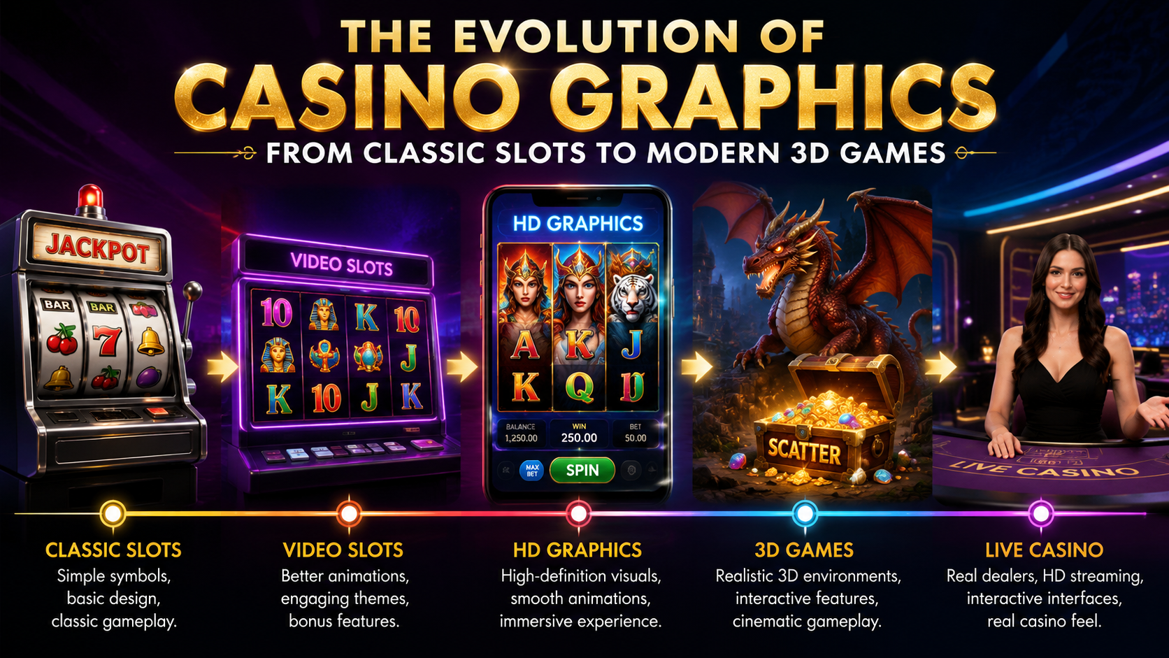 The evolution of casino graphics from classic slot machines to modern 3D online casino games with advanced visuals and animations