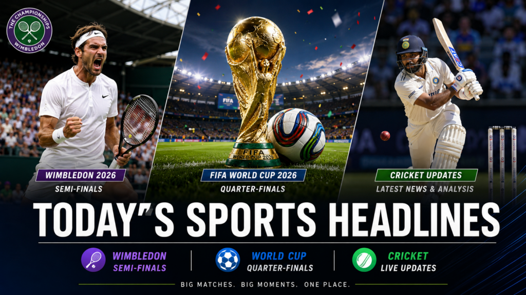 Players competing in Wimbledon 2026, FIFA World Cup 2026 quarter-finals, and international cricket representing today's biggest sports headlines.
