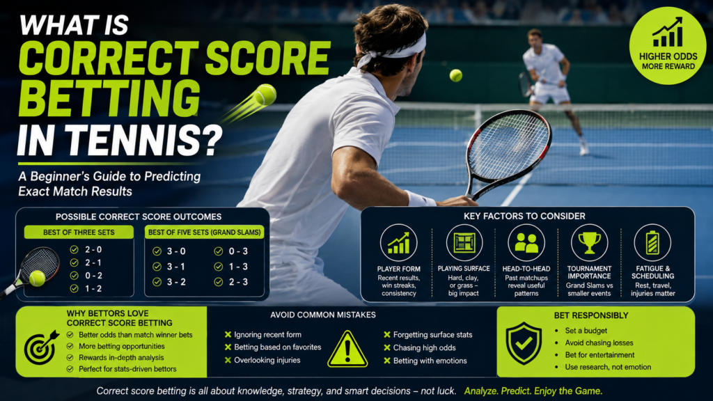 Illustration showing correct score betting in a tennis match with set score predictions and betting odds